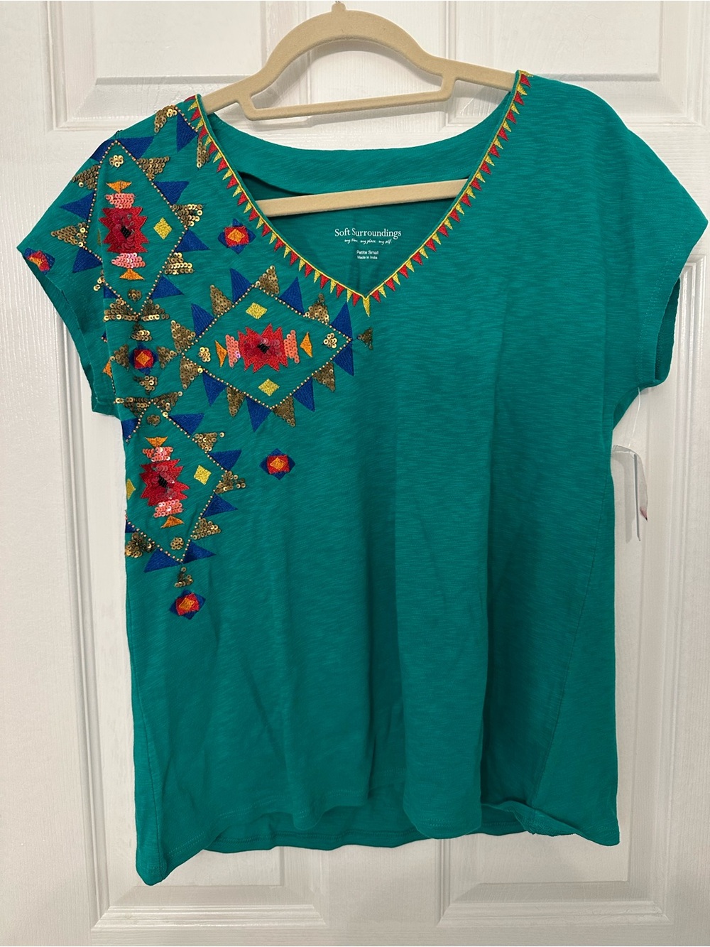 Soft Surroundings Teal Embroidered Sequin V-Neck Cotton Top Petite‎ Small 3EC87